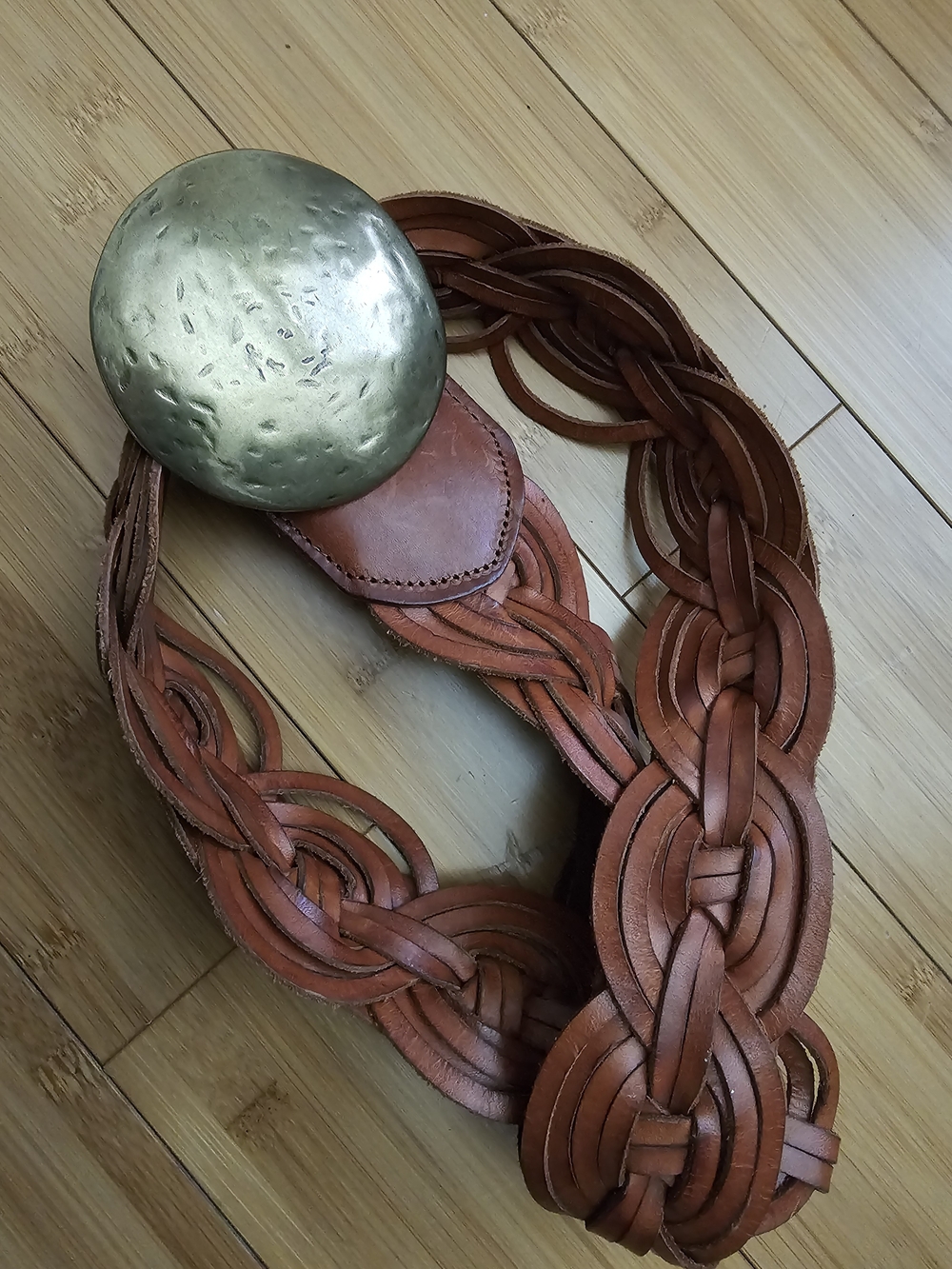 Braided Leather Belt with Antique Brass Buckle - Brown